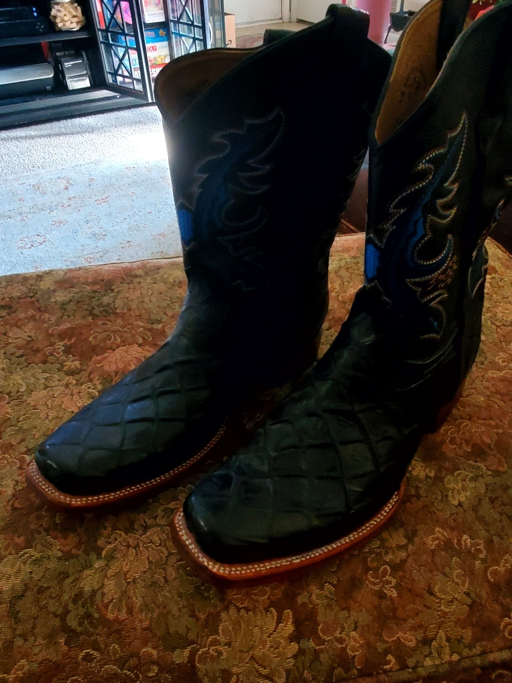 Men's Black Cowboy Boots with Blue Embroidered Accents